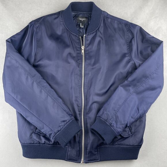 Forever 21 Jacket Mens L Navy Bomber Quilted Lined Zip Front Ribbed Hem Fall - Picture 1 of 11